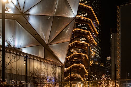 View of the Shed Art Center and the Vessel Buildings Illuminated, New York City, New York, USA