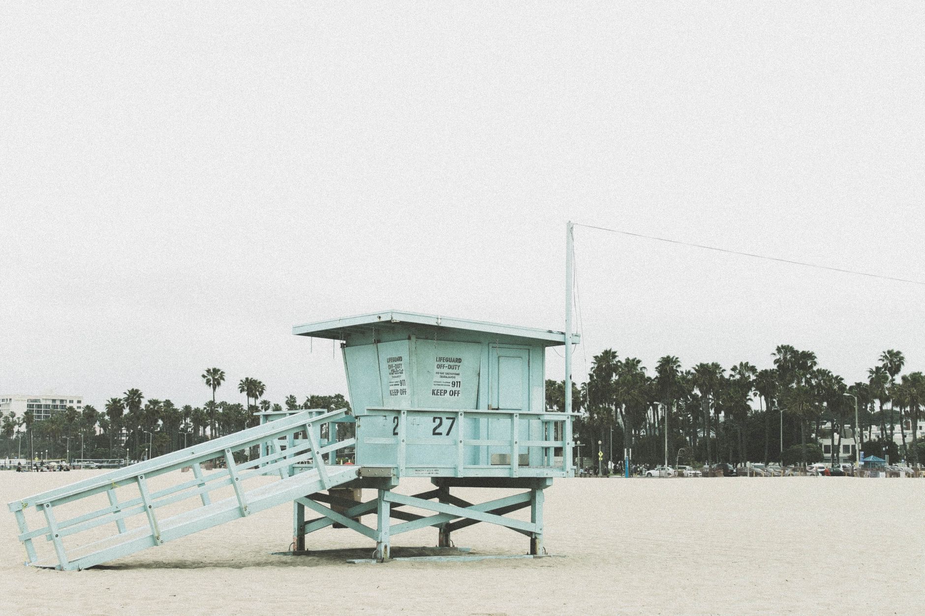 A serene view of a lifeguard tower on a Los Angeles beach surrounded by palm trees under an overcast sky.