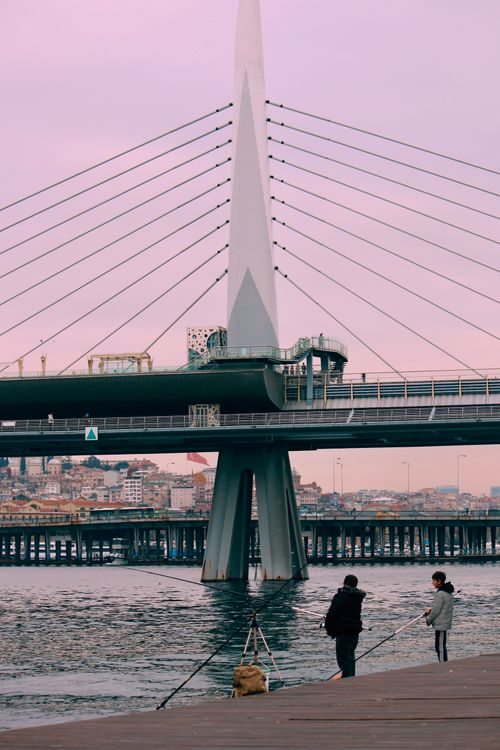 Free Fishermen casting lines by an iconic Istanbul bridge during an overcast dusk. Stock Photo