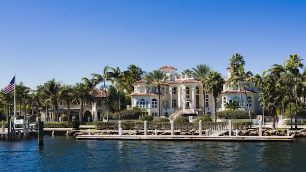 Elegant waterfront mansion with palm trees and clear blue sky showcasing opulence and coastal vibe.