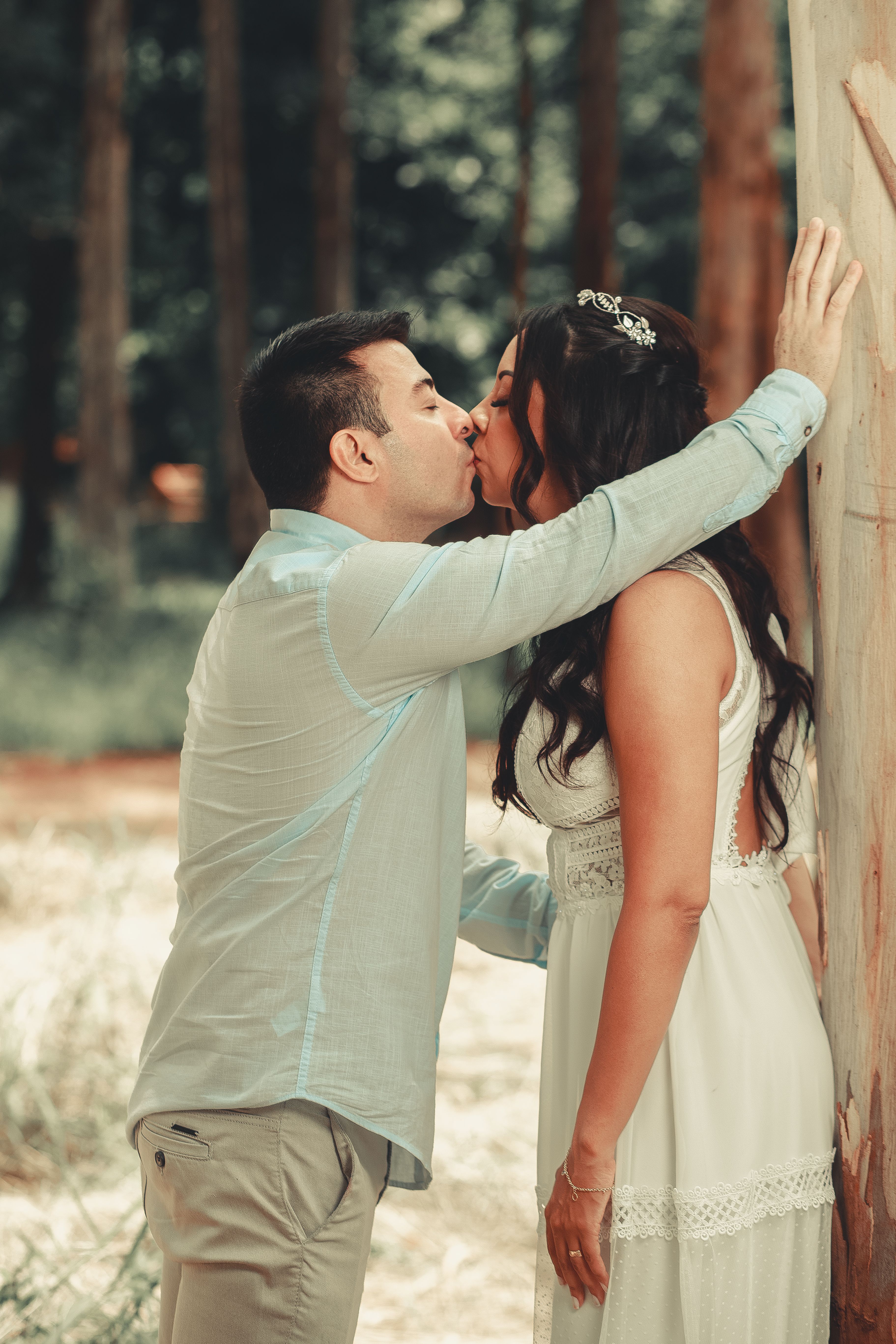 Man in Shirt Kissing Woman in White Dress · Free Stock Photo