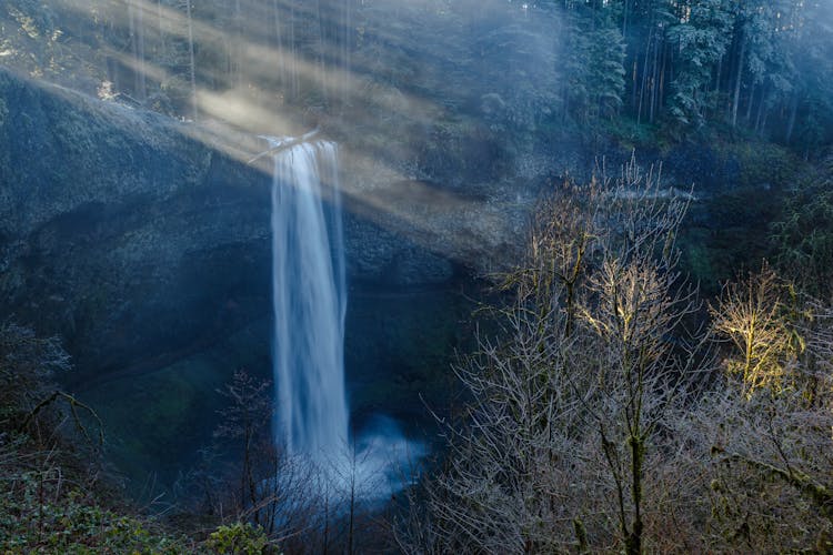 Aerial View Of A Waterfall In Silver Falls State Park, Oregon, USA