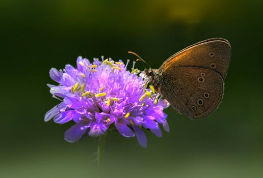 Close-up of a brown butterfly on a vibrant purple wildflower, showcasing nature's beauty.