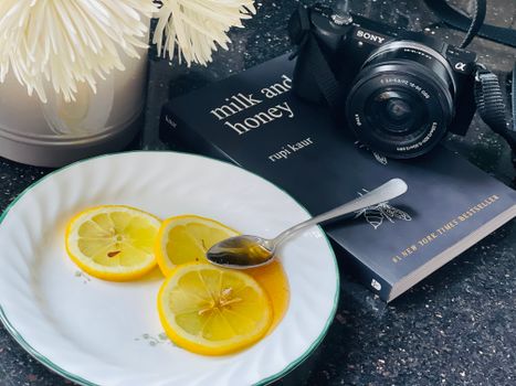 Artistic still life featuring lemon slices, honey, camera, and book on a table.