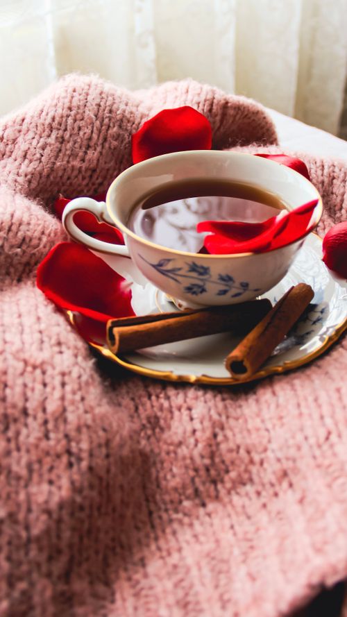 Free Elegant tea cup with cinnamon sticks on a pink sweater, perfect for a cozy indoor setting. Stock Photo