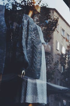 Artistic photo of a mannequin in a store window with an urban reflection.