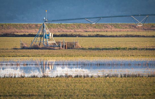 Photo by David McElwee A flooded farm field with an irrigation system and reflection under cloudy skies.