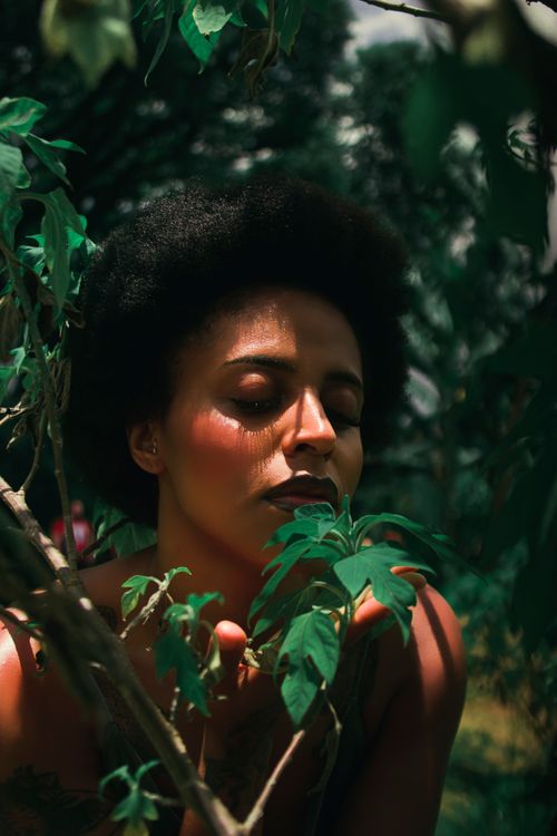 Free A serene outdoor portrait of a woman with afro hair surrounded by lush greenery, embracing natural beauty. Stock Photo