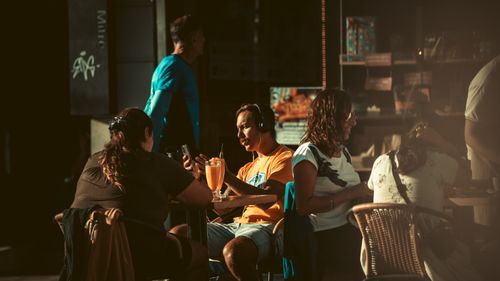 Free People enjoying leisure time at an outdoor café in Bariloche, Argentina. Stock Photo