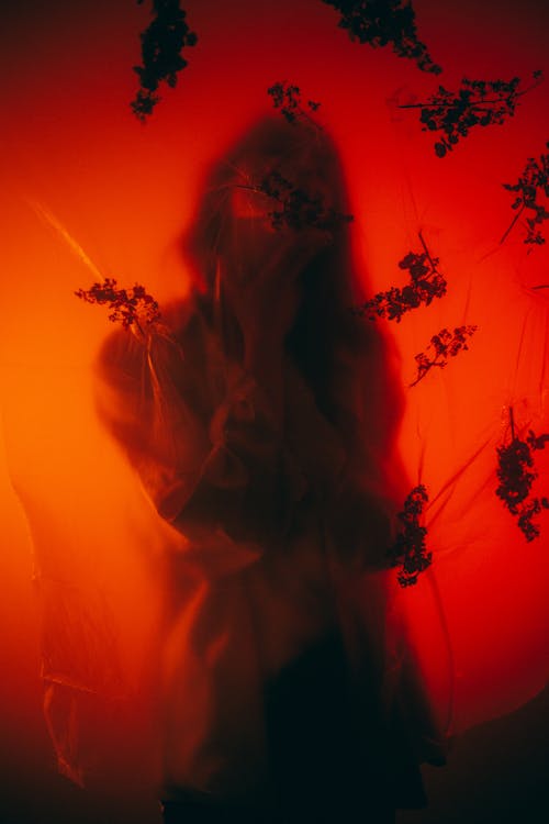 Abstract Red Toned Image of a Woman and Plants behind a Plastic Curtain