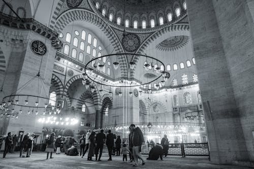 People at Suleymaniye Mosque in Black and White