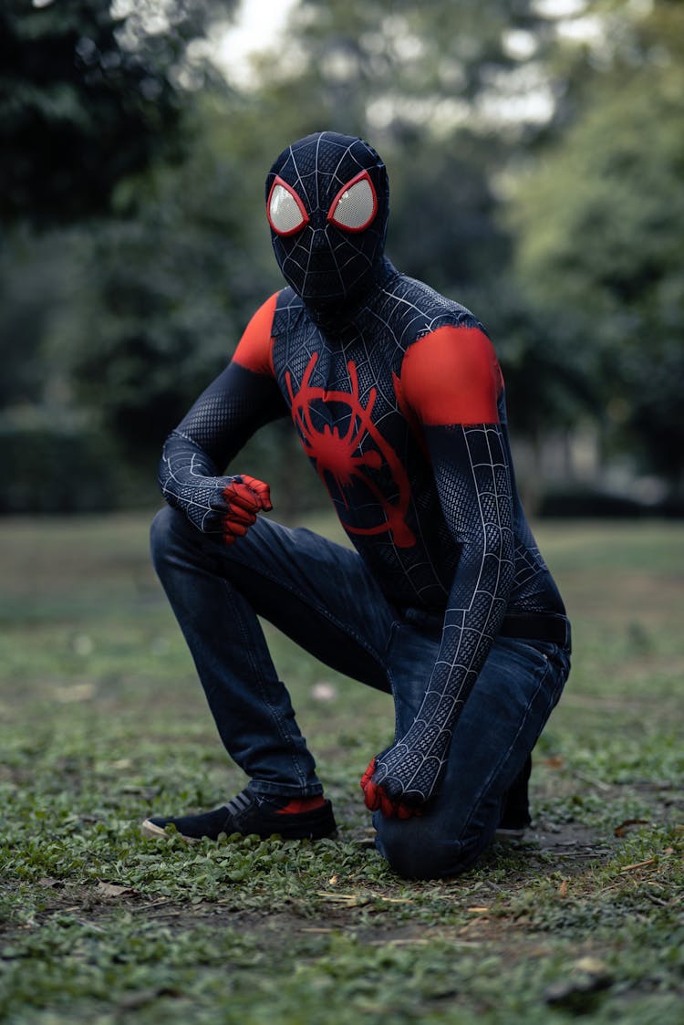 Crouching Person In Spider Man Costume