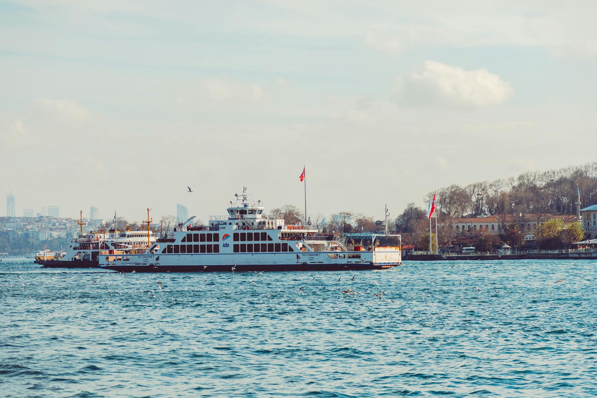 Ferry boats navigating the Bosphorus Strait in Istanbul with a cityscape background.