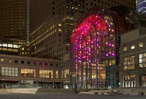 Illuminated Winter Garden Atrium Facade in New York City, New York, USA