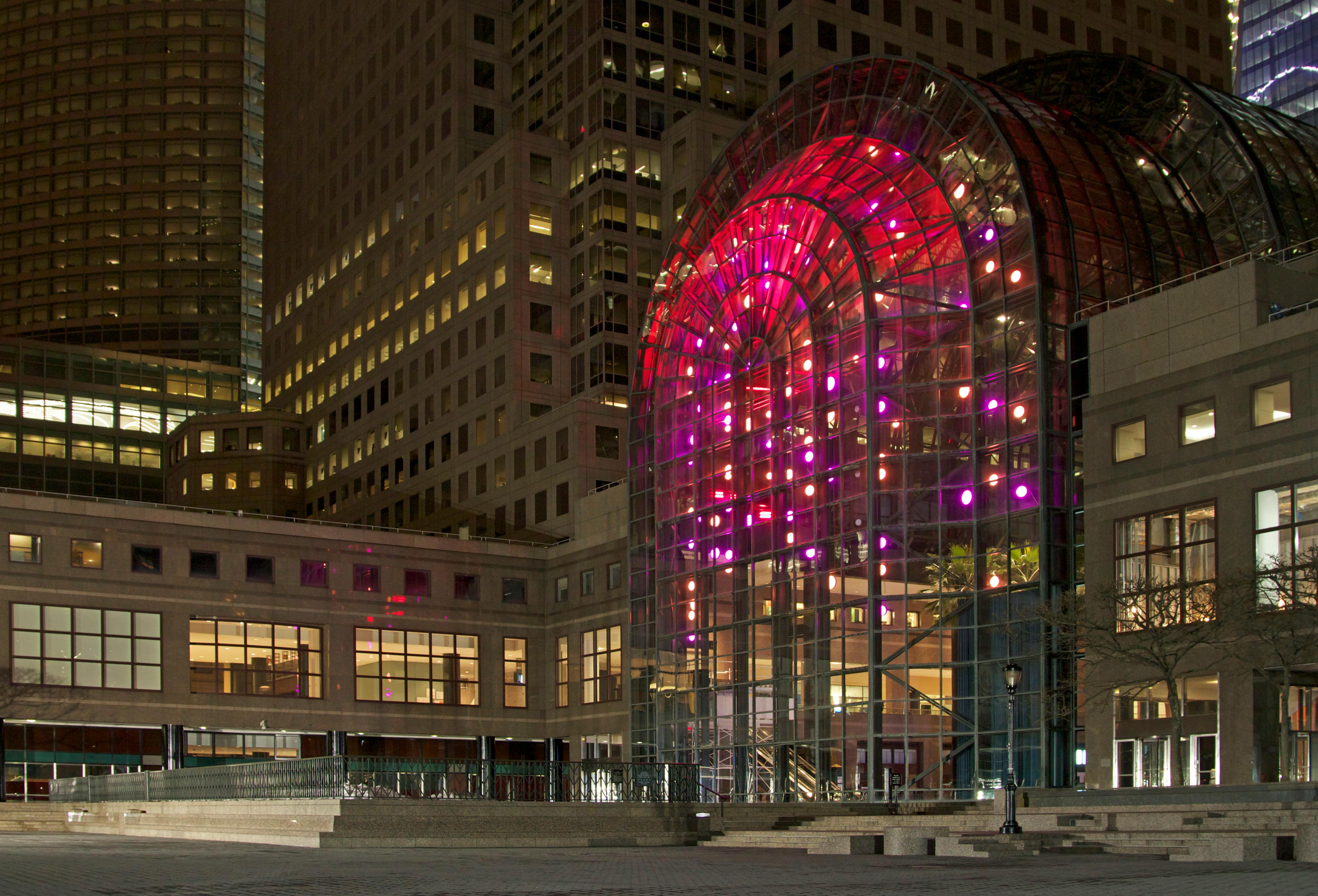 Illuminated Winter Garden Atrium Facade in New York City, New York, USA ...