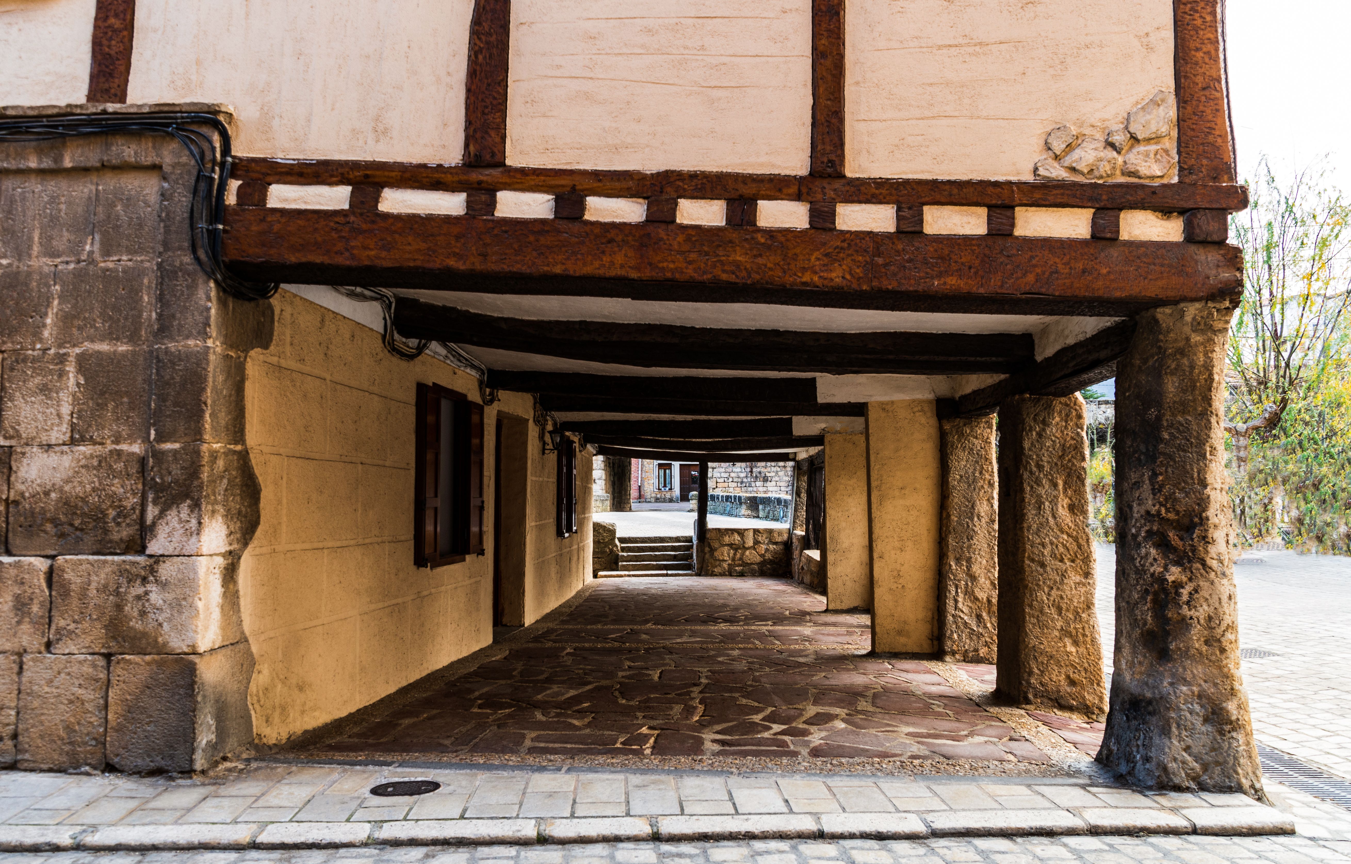 Charming old town architecture in Pancorbo with stone and timber features.
