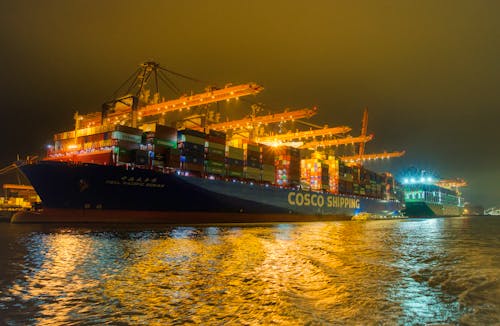 Container Ship in Harbor at Night