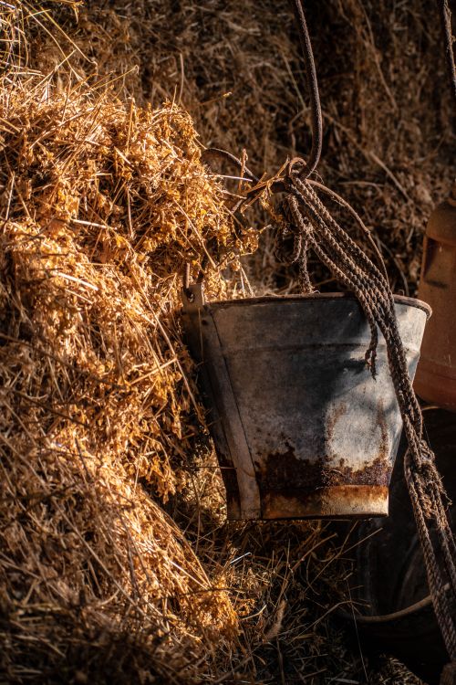 Free Close-up of a metal bucket hanging with string against a backdrop of hay on a farm. Stock Photo