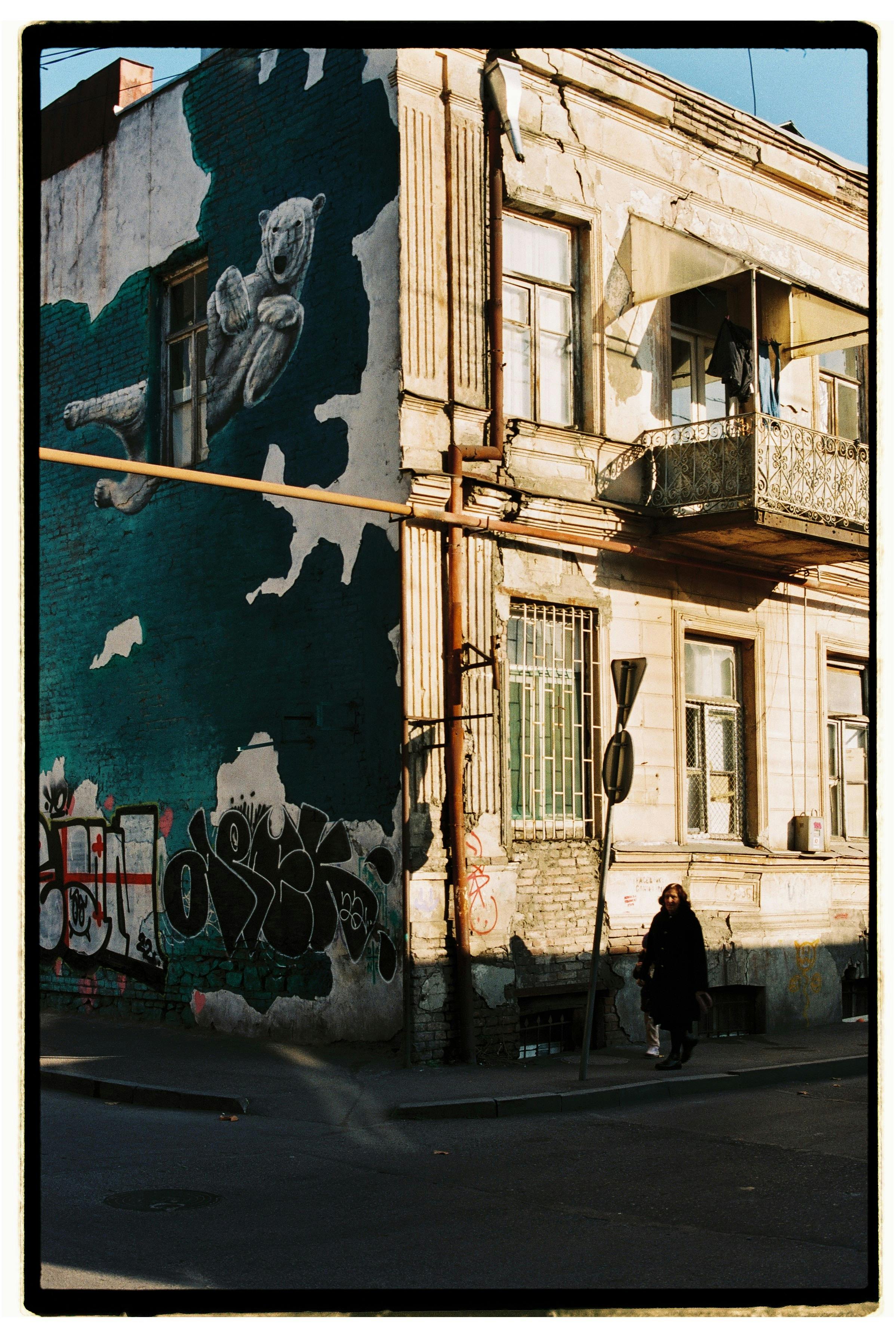 A captivating mural on a historic building corner in Tbilisi with street art and urban vibes.