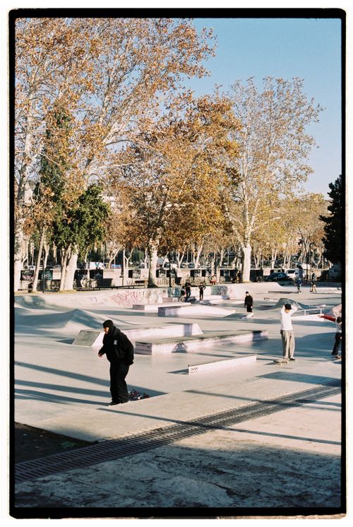 Free Skateboarders enjoy a day in a lively skatepark in Tbilisi, Georgia, with autumn trees lining the area. Stock Photo