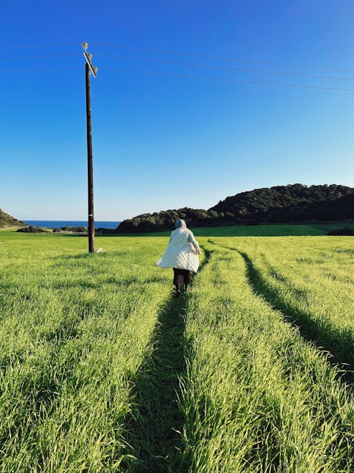 Back View of a Woman Walking on a Grass Field in Summer 
