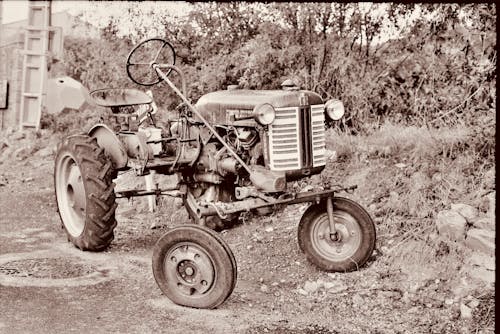 Vintage Tractor near Bushes