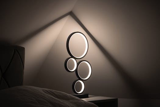 A unique geometric lamp creates artistic shadows in a minimalist interior setting.