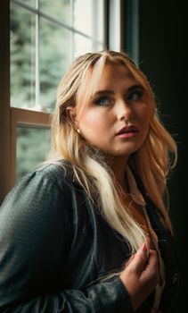 Beautiful blonde woman posing indoors by a window, embodying contemporary fashion and style.