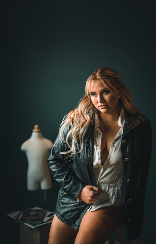 Young Blonde Posing in a Leather Jacket 