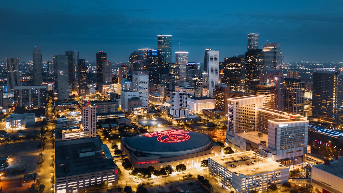 Houston downtown skyline at sunset