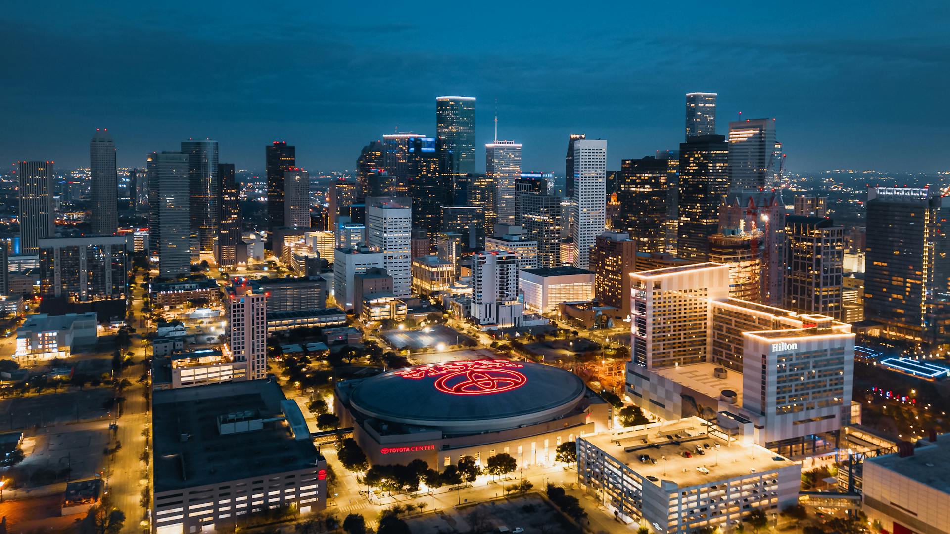 Aerial View of Downtown Houston, Texas at Night