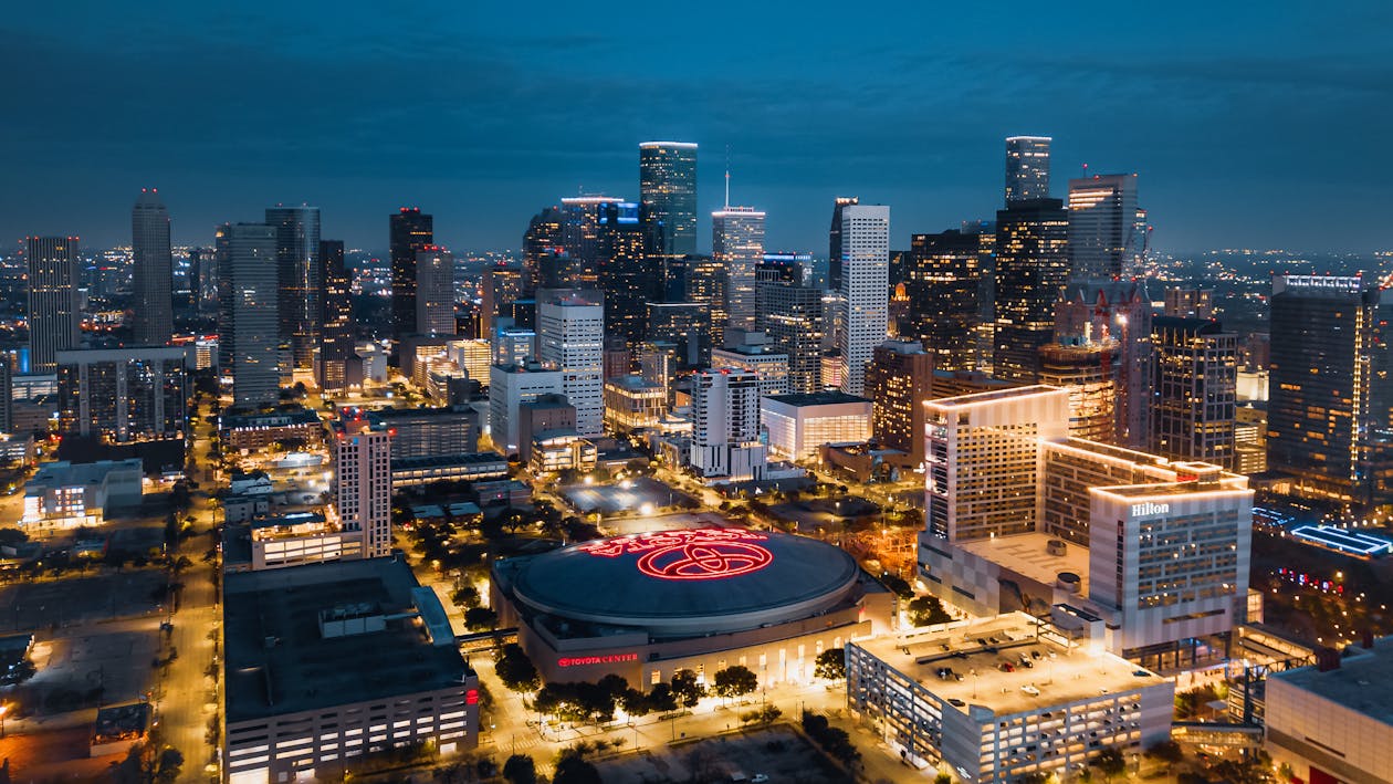 Free Aerial View of Downtown Houston, Texas at Night Stock Photo