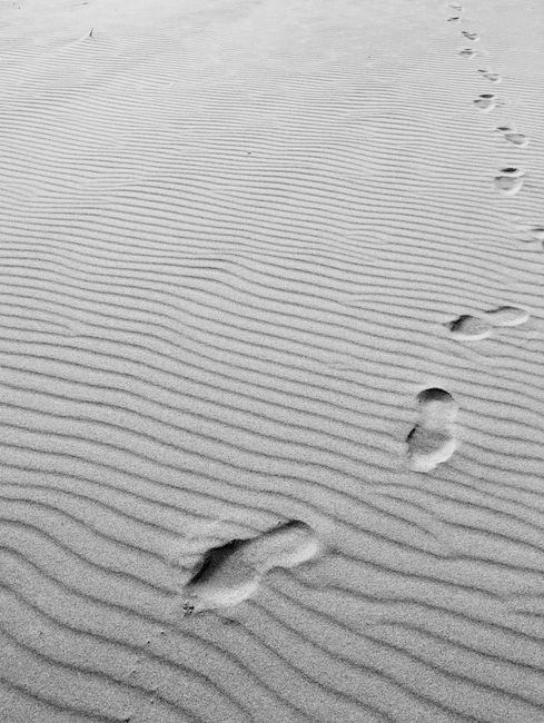Monochrome image of footprints on the sandy dunes in Nida, Lithuania, capturing solitude and tranquility.