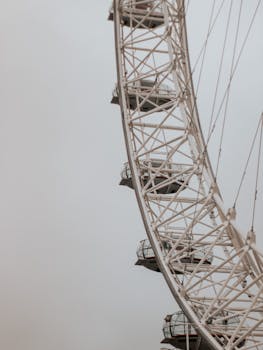 Detailed shot of the London Eye against a gray overcast sky, highlighting its giant structure.