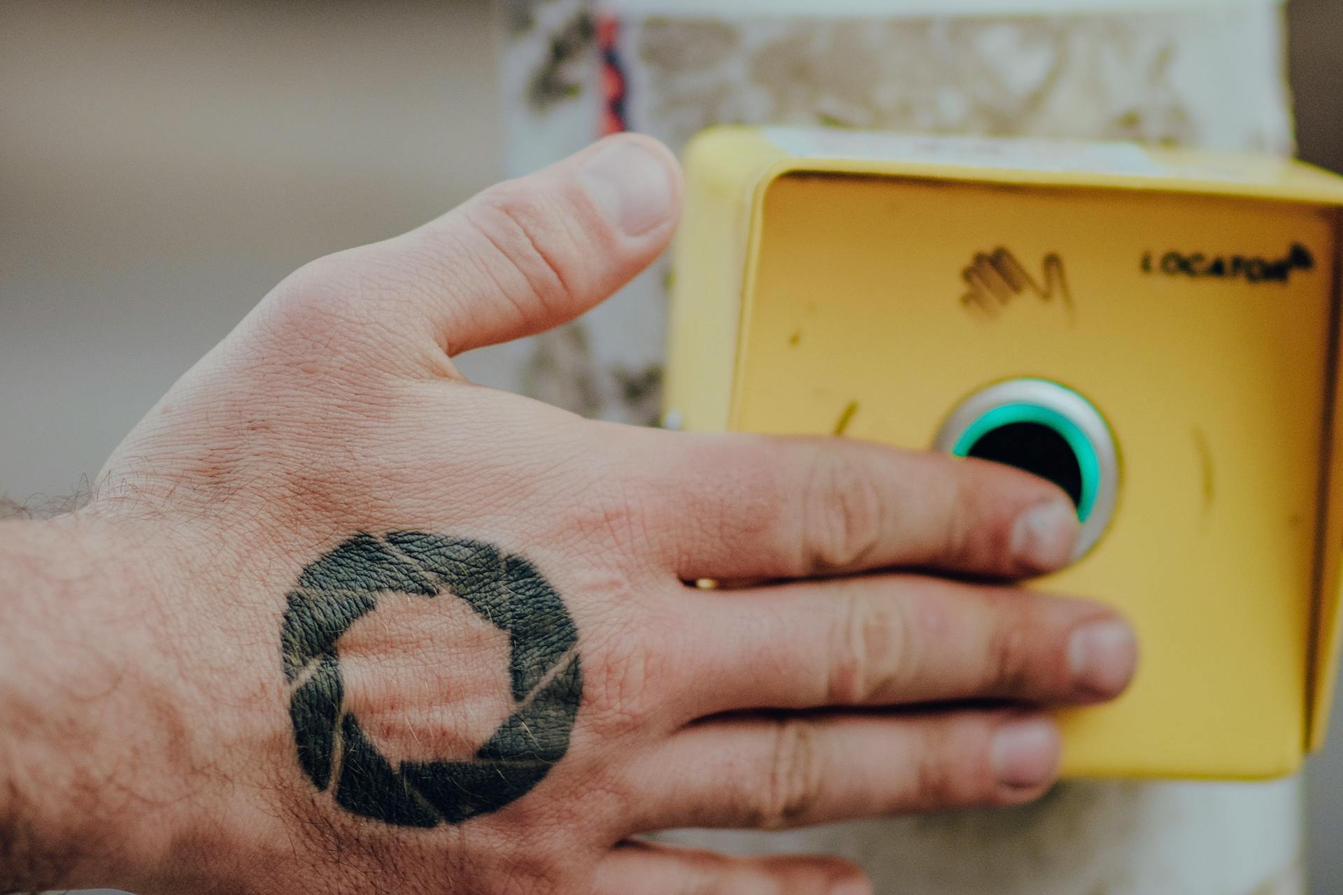 A hand with a geometric tattoo presses a yellow button outdoors. Ideal for concepts of interaction and design.