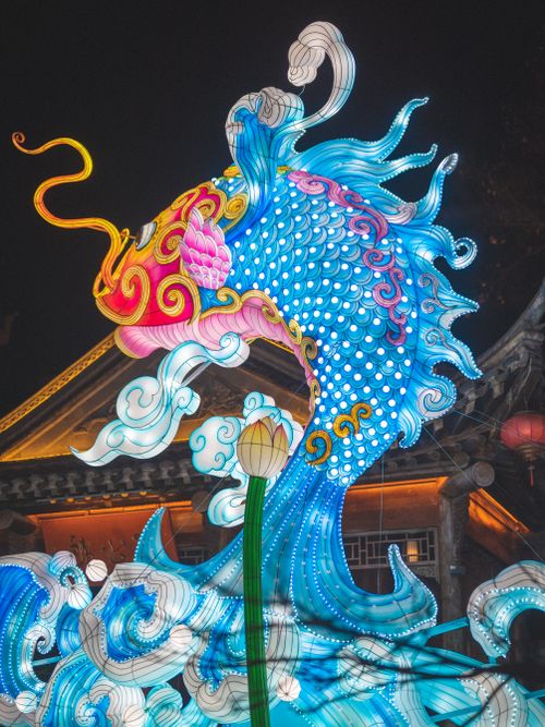 Free Colorful fish lantern illuminated at a cultural night festival, showcasing traditional art and design. Stock Photo