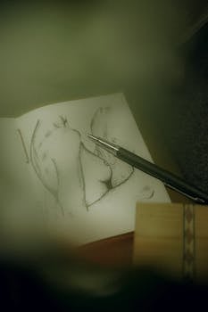 An artistic sketch of a nude form with a pen on paper, captured in a soft, serene focus.
