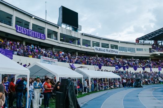 A lively stadium scene with a large crowd enjoying an outdoor event under overcast skies.