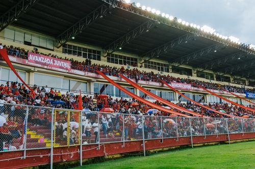Free A vibrant stadium packed with passionate sports fans waving banners and cheering. Stock Photo