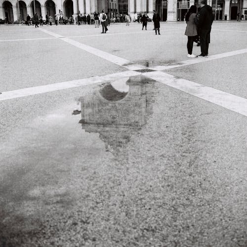 Monochrome Shot of a Puddle on the Ground