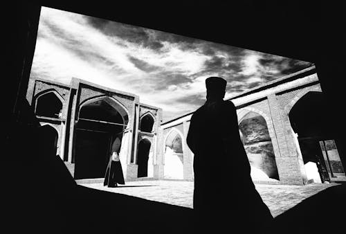 People on Temple Courtyard in Black and White