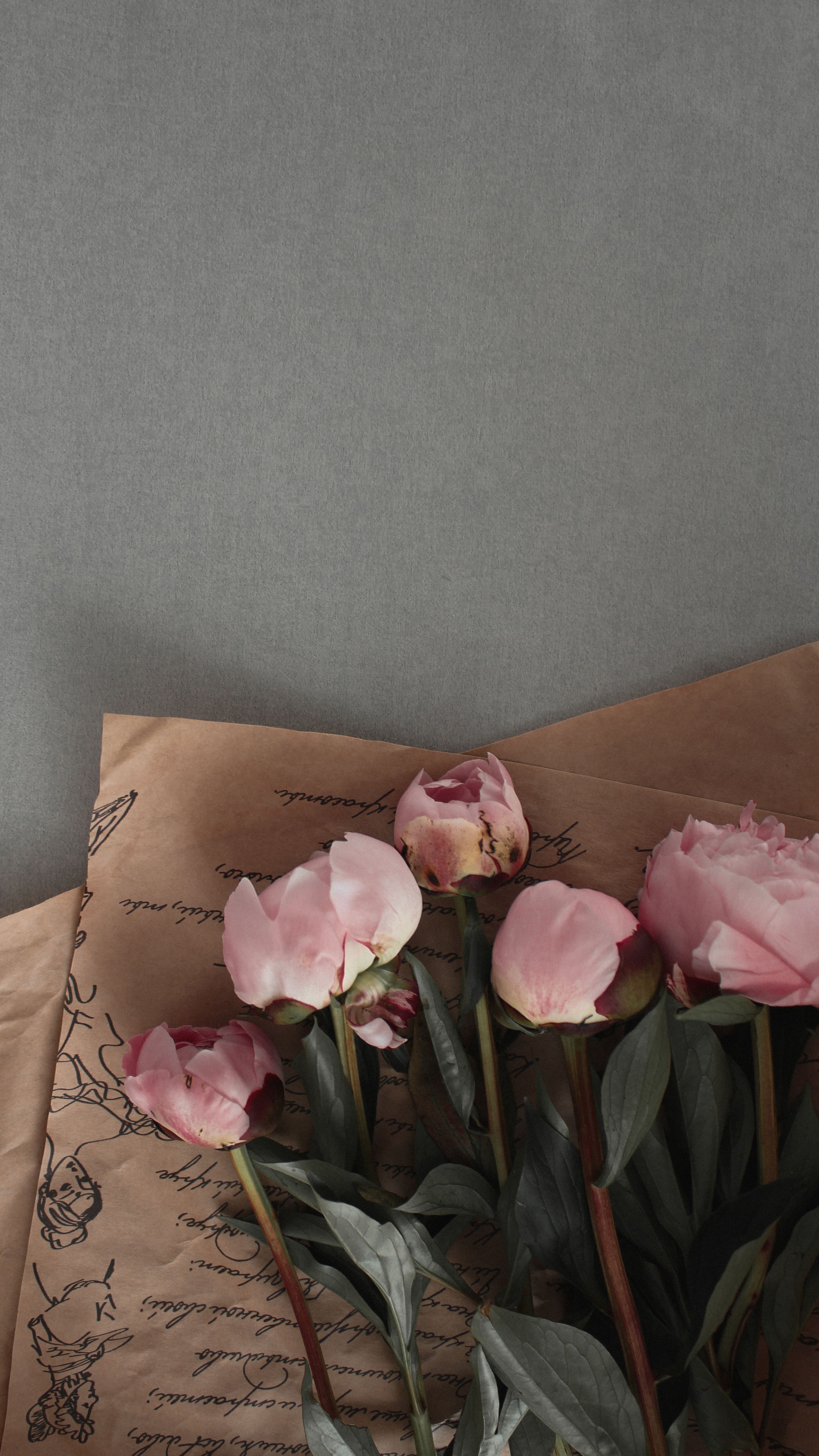Aesthetic arrangement of pink tulips with green leaves on brown paper over gray surface.