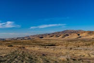 在明亮的蓝天下，宁静的沙漠中连绵起伏的山丘，展现了大自然的干旱之美
