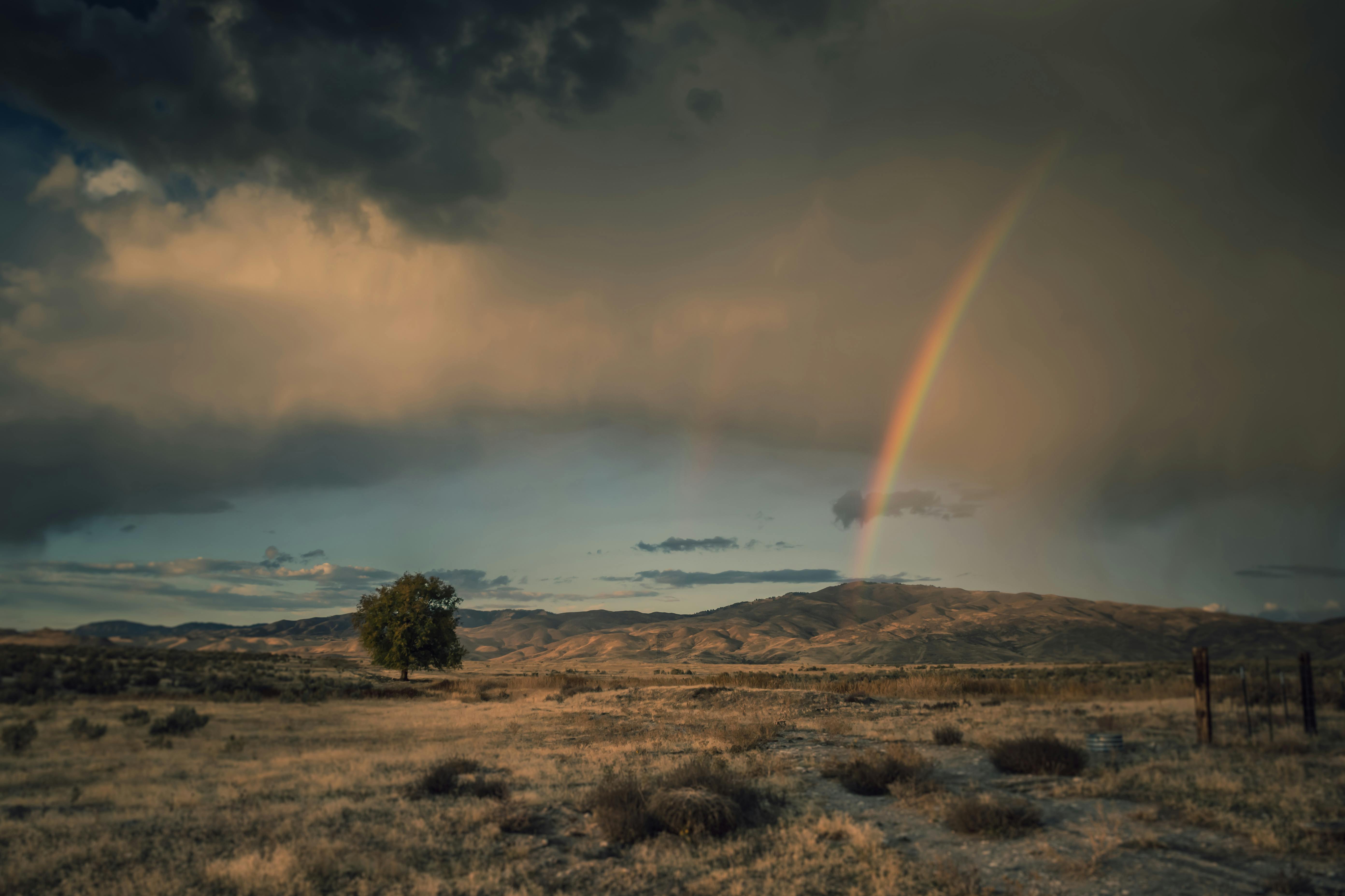 photo of rainbow under clouded sky