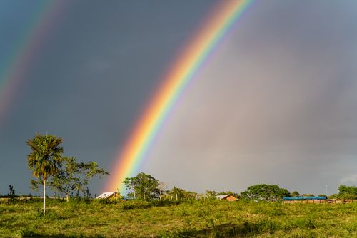 Free Stunning countryside scene with a vibrant rainbow over lush fields and trees, creating a picturesque rural view. Stock Photo