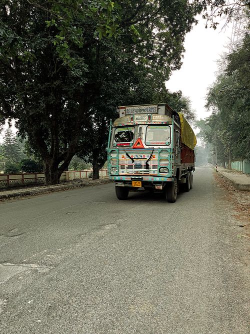 Free A vibrant truck travels on a quiet, tree-lined rural road, capturing transportation and countryside vibes. Stock Photo