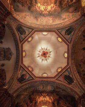 Capture of ornate dome ceiling in Tepotzotlán church, showcasing baroque architecture.