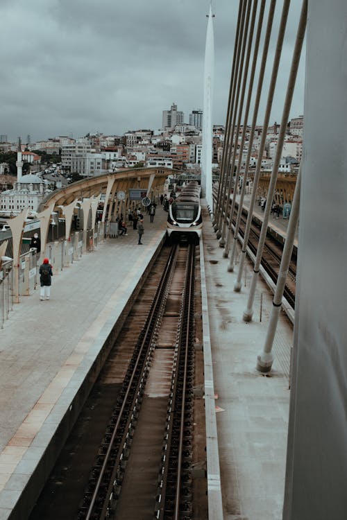 Metro Train at Halic Station on Golden Horn Metro Bridge in Istanbul, Turkey