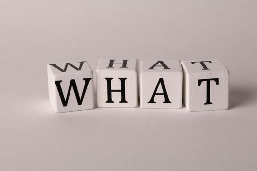 Close-up of wooden blocks with letters spelling 'What' on a white background, emphasizing curiosity and inquiry.