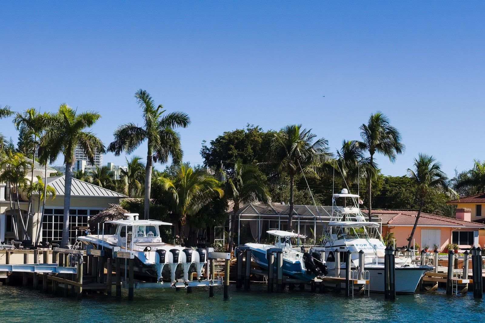 Boats and yachts in a tropical Fort Lauderdale marina